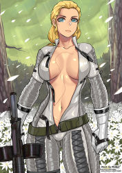 1girl blonde_hair blue_eyes bodysuit breasts collarbone holding holding_weapon large_breasts looking_at_viewer mature_female metal_gear_(series) metal_gear_solid_3:_snake_eater navel open_clothes redjet scar solo the_boss weapon