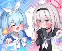 Rule 34 | 2girls, ;d, absurdres, arm behind back, arona (blue archive), black choker, black hairband, black serafuku, blue archive, blue eyes, blue hair, blue halo, blue serafuku, blush, bow, bowtie, braid, choker, file, hair over one eye, hair ribbon, hairband, halo, hand up, happy, heart, heart hands, heart hands duo, highres, long hair, looking at viewer, medium hair, multicolored hair, multiple girls, neckerchief, one eye closed, open mouth, pink hair, plana (blue archive), red halo, ribbon, sailor collar, school uniform, seikaseikaruru, serafuku, single braid, smile, star (sky), two-tone hair, upper body, very long hair, white bow, white bowtie, white choker, white hair, white hairband, white neckerchief, white ribbon