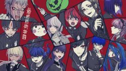 6+boys 6+girls aotsuki_eito armor black_hair blonde_hair blue_eyes blush brother_and_sister brown_eyes brown_hair closed_mouth dark-skinned_female dark_skin eyelashes ginzaki_shouma highres holding holding_knife holding_weapon japanese_clothes kawana_tsubasa kirifuji_nozomi knife long_hair looking_at_viewer magadori_kyoshika maruko_gaku medium_hair mojiro_moko multiple_boys multiple_girls omokage_yugamu one_eye_closed oosuzuki_kurara open_mouth pink_eyes pink_hair purple_hair red_background red_eyes red_hair shizuhara_hiruko short_hair siblings simple_background sumino_takumi teeth the_hundred_line_-last_defense_academy- tomato tongue tongue_out tsukumo_ima tsukumo_kako twins twintails weapon white_hair wink yakushiji_takemaru