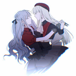 2girls ascot bang_dream! bang_dream!_it&#039;s_mygo!!!!! beret black_ascot black_capelet black_corset black_ribbon black_skirt blue_brooch blue_hair capelet chromatic_aberration closed_eyes closed_mouth commentary corset crying crying_with_eyes_open dancing earrings gloves green_brooch green_hair grey_gloves hair_ribbon hat highres jewelry long_hair mortis_(bang_dream!) mortis_(costume)_(bang_dream!) multiple_girls oblivionis_(bang_dream!) puffy_short_sleeves puffy_sleeves red_hat red_shirt reiboubyou ribbon shirt short_sleeves simple_background skirt tears togawa_sakiko wakaba_mutsumi watermark weibo_watermark white_ascot white_background yellow_eyes yuri