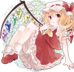 1girl 2012 :o bare_arms blonde_hair bow commentary_request dated dress fang flandre_scarlet frilled_dress frilled_hat frills full_body hat hat_bow knees_up long_hair looking_at_viewer mob_cap multicolored_wings reclining red_bow red_dress red_eyes ribbon-trimmed_headwear ribbon_trim shigure_ui sitting solo touhou wings