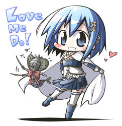 1girl afterimage aoblue blue_boots blue_eyes blue_hair blue_shirt blue_skirt blush boots cape chibi chibi_only commentary_request flying_sweatdrops fortissimo full_body gloves grin hair_ornament hand_on_own_hip heart highres looking_at_viewer magical_girl mahou_shoujo_madoka_magica mahou_shoujo_madoka_magica_(anime) miki_sayaka miki_sayaka_(magical_girl) musical_note musical_note_hair_ornament parted_lips pleated_skirt shirt short_hair simple_background skirt sleeveless sleeveless_shirt smile standing thighhighs white_background white_cape white_gloves white_thighhighs