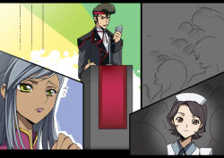 00s 2girls brown_eyes code_geass creayus dark_skin dark-skinned_female grey_hair hat headband letterboxed multiple_girls nurse_cap ohgi_kaname shinozaki_sayoko smile sweatdrop villetta_nu yellow_eyes
