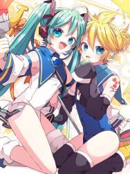 1boy 1girl :d black_thighhighs blonde_hair blue_eyes blue_one-piece_swimsuit blush bucket commentary_request detached_sleeves green_hair hatsune_miku headset highres holding holding_bucket holding_paintbrush kagamine_len kaho_0102 long_hair looking_at_viewer one-piece_swimsuit open_mouth paint paintbrush shoes short_hair sitting smile swimsuit thighhighs three-quarter_sleeves twintails vocaloid white_one-piece_swimsuit yellow_shoes