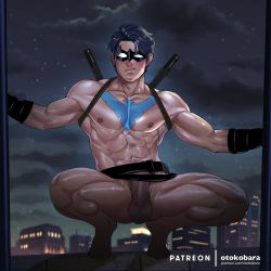 1boy abs artist_name bara batman_(series) belt black_belt black_bodysuit black_gloves black_hair blue_bodysuit blush bodysuit bulge closed_mouth dc_comics dick_grayson domino_mask erection gloves highres large_pectorals looking_at_viewer male_focus male_pubic_hair mask muscular muscular_male navel night night_sky nightwing nipples nude otokobara outdoors paid_reward_available patreon_username pectorals penis pubic_hair short_hair sky solo squatting thick_thighs thighs weapon weapon_on_back