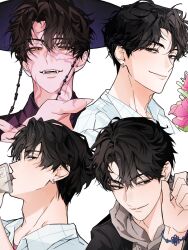 Rule 34 | arm up, black hair, black hanbok, black hat, black jacket, bracelet, closed mouth, collared shirt, commentary, cropped shoulders, curtained hair, drink, drinking, earrings, facial mark, fangs, fingernails, gat (hat), grey hoodie, hair between eyes, hanbok, hashtag-only commentary, hat, highres, hood, hood down, hoodie, jacket, jewelry, jinu (kpop demon hunters), korean clothes, kpop demon hunters, looking to the side, male focus, nyugi0v0, patterned clothing, piercing, sharp fingernails, shirt, short hair, sideways glance, smile, teeth, white background, wing collar, yellow eyes