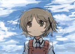 1girl asasow brown_eyes brown_hair cloud cloudy_sky hair_ornament hidamari_sketch school_uniform sky smile x_hair_ornament yamabuki_high_school_uniform yuno_(hidamari_sketch)