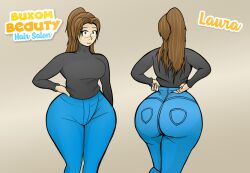 1girl ahoge ass black_shirt breasts brown_eyes brown_hair buxom_beauty_hair_salon commentary cursive curvy denim english_commentary from_behind hand_on_own_hip huge_ahoge huge_breasts jeans laura_(thiccdrawings) long_hair long_sleeves looking_at_viewer original pants ponytail reference_sheet shirt smile solo squeezing thiccdrawings thick_thighs thighs title turtleneck turtleneck_shirt wide_hips