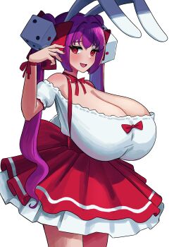 Rule 34 | 1girl, animal ears, bare shoulders, bow, bowtie, breasts, cleavage, cowboy shot, di gi charat, dice hair ornament, dress, dress bow, eyelashes, fang, frilled dress, frills, from side, gigantic breasts, hair bow, hair ornament, layered dress, long hair, looking at viewer, looking to the side, nail polish, off-shoulder dress, off shoulder, open mouth, pleated dress, purple hair, rabbit ears, raised inner eyebrows, red bow, red bowtie, red dress, red eyes, red nails, red ribbon, ribbon, short sleeves, simple background, smile, solo, standing, suzume b, twintails, usada hikaru, very long hair, white background, white dress, wrist ribbon