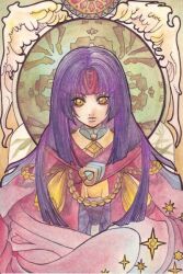 1girl art_nouveau closed_mouth come-sta fire_emblem fire_emblem:_path_of_radiance headband lips long_hair nintendo purple_hair red_headband sanaki_kirsch_altina solo traditional_media yellow_eyes