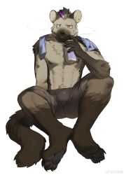 1boy abs absurdres arknights bara barefoot biceps black_hair black_male_underwear boxers can chinese_commentary claws closed_mouth clothes_lift commentary_request ear_piercing eyebrow_piercing furry furry_male grey_fur highres holding holding_can hyena_boy hyena_ears infection_monitor_(arknights) looking_at_viewer male_focus male_underwear multicolored_hair muscular muscular_male navel nipples pawpads pectorals piercing shirt_behind_neck shirt_lift spot_(arknights) spotted_fur steaming_body streaked_hair sweatdrop tongue tongue_out topless_male underwear wu_yu_bing_(oymshzhji0720xz)