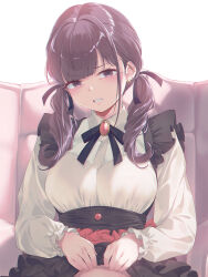 1girl 40hara absurdres black_bow black_bowtie black_dress black_eyes black_frills black_hair bow bowtie breasts clothes_lift collared_shirt disgust dress ear_piercing earrings frilled_dress frilled_sleeves frills glaring hair_tie highres jewelry large_breasts long_sleeves looking_at_viewer low_twintails on_chair open_mouth original pendant piercing shirt sitting skirt skirt_lift solo teeth twintails upper_body white_background white_shirt white_sleeves