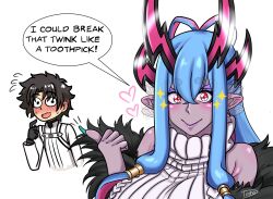 1boy 1girl afterimage black_eyes black_gloves black_hair blush breasts colored_inner_hair commentary ear_wiggle english_commentary english_text eyeliner fate/grand_order fate_(series) flying_sweatdrops fujimaru_ritsuka_(male) fujimaru_ritsuka_(male)_(decisive_battle_chaldea_uniform) gloves hair_tubes heart highres ibuki_douji_(fate) ibuki_douji_(second_ascension)_(fate) large_breasts makeup multicolored_hair nervous_sweating pink_hair pointing pointing_at_another pointy_ears purple_eyeliner red_eyes romulproduce signature sleeveless sleeveless_turtleneck sweat turtleneck two-tone_hair