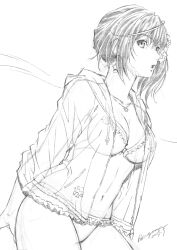 1girl ass bikini breasts cardigan cleavage collar dated dead_or_alive dead_or_alive_xtreme dead_or_alive_xtreme_venus_vacation earrings frilled_bikini frills greyscale hair_between_eyes hair_ornament hiragoma jewelry looking_at_viewer medium_breasts misaki_(doa) monochrome nape navel necklace open_cardigan open_clothes open_mouth scrunchie see-through_cardigan see-through_clothes side_ponytail signature simple_background sketch solo star_(symbol) star_hair_ornament swimsuit thighs white_background