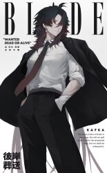 1boy absurdres bandaged_hand bandages black_hair black_jacket black_necktie black_pants blade_(honkai:_star_rail) closed_mouth collared_shirt commentary cowboy_shot english_commentary english_text gradient_hair gradient_necktie hands_in_pockets highres honkai:_star_rail honkai_(series) houh888 jacket jacket_on_shoulders long_hair looking_to_the_side male_focus medium_hair multicolored_hair necktie pants parted_bangs red_eyes revision shirt solo very_long_hair white_shirt
