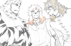 3boys absurdres animal_ears arknights closed_mouth colored_tips commentary crossed_arms dragon_boy dragon_ears english_commentary from_below furry furry_male highres horns hung_(arknights) komainu_boy komainu_ears lee_(arknights) looking_at_viewer male_focus mountain_(arknights) multicolored_hair multiple_boys reil_(reii1502) single_horn smile tiger_boy tiger_ears tiger_stripes