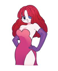 Rule 34 | 1girl, breasts, button eye, buttons, cleavage, cosplay, dress, elbow gloves, glitch productions, gloves, highres, jessica rabbit, jessica rabbit (cosplay), looking at viewer, ragatha (the amazing digital circus), red dress, red hair, the amazing digital circus, who framed roger rabbit