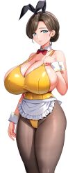 1girl absurdres animal_ear_hairband animal_ears apron arm_at_side arm_up black_hairband blue_eyes bow bowtie breasts brown_hair cleavage closed_mouth covered_navel derauea detached_collar fake_animal_ears frilled_apron frills game_cg hair_bun hairband highleg highleg_leotard highres huge_breasts leotard light_blush long_hair looking_at_viewer mariel_nyun8181 motto!_haramase!_honoo_no_oppai_isekai_oppai_bunny_gakuen! non-web_source pantyhose playboy_bunny rabbit_ear_hairband rabbit_ears red_bow red_bowtie smile standing star_(symbol) star_in_eye swept_bangs symbol_in_eye tachi-e thick_thighs thighs traditional_bowtie transparent_background waist_apron white_apron white_wrist_cuffs wrist_cuffs yellow_leotard