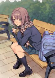 1girl :o backpack bag bench black_jacket black_shoes black_skirt black_socks blue_bag brown_hair bush can canned_coffee day drink_can full_body holding holding_can jacket loafers long_sleeves looking_at_viewer on_bench original outdoors park_bench parted_lips plaid_clothes plaid_scarf plaid_skirt pleated_skirt saeki_shun scarf school_bag school_uniform shoes short_hair sitting skirt socks solo steam unworn_bag yellow_eyes yellow_scarf