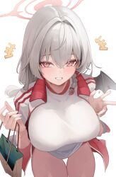 Rule 34 | 1girl, absurdres, bag, black wings, blue archive, blush, breasts, buruma, demon wings, grey hair, grin, gym shirt, gym uniform, hair between eyes, hair intakes, halo, haruna (blue archive), haruna (track) (blue archive), highres, jacket, jacket on shoulders, jun daniell, large breasts, leaning forward, long hair, looking at viewer, official alternate costume, open clothes, red buruma, red eyes, red halo, shirt, short sleeves, simple background, single wing, smile, solo, thighs, track jacket, white background, white shirt, wing ornament, wings