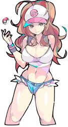 Rule 34 | 1girl, arm behind back, baseball cap, blue eyes, breasts, brown hair, cleavage, denim, denim shorts, enpe, hat, highres, hilda (pokemon), large breasts, legs, looking at viewer, midriff, navel, nintendo, poke ball, pokemon, pokemon bw, ponytail, shorts, smile, solo, tank top, thighs