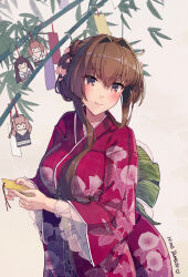Rule 34 | 1girl, alternate costume, alternate hairstyle, artist name, blush, brown eyes, brown hair, closed mouth, floral print, flower, hair between eyes, hair flower, hair intakes, hair ornament, highres, himeyamato, japanese clothes, kantai collection, kimono, long hair, long sleeves, morning glory print, mutsu (kancolle), nagato (kancolle), pink flower, print kimono, red kimono, revision, saratoga (kancolle), sidelocks, signature, solo, tanabata, tanzaku, wide sleeves, yamato (kancolle), yukata