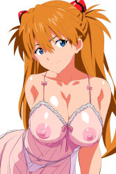 1girl alternate_breast_size ass bare_arms bare_legs bare_shoulders barefoot blue_eyes breasts camisole chemise cleavage covered_navel hair_between_eyes highleg highleg_panties highres interface_headset_(evangelion) jaaaan large_breasts leaning_forward long_hair looking_at_viewer neon_genesis_evangelion nipples no_bra orange_hair panties see-through_chemise see-through_clothes smile solo souryuu_asuka_langley thong twintails two_side_up underwear very_long_hair white_background white_chemise wide_hips
