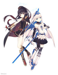2girls absurdres angel_wings armor armpit_crease bare_shoulders belt black_belt black_cape black_collar black_gloves black_hair black_shoes black_skirt black_sleeves black_thighhighs blue_eyes blue_gemstone blue_hair blue_nails breasts cape checkered_cape checkered_clothes closed_mouth collar colored_inner_hair company_name copyright_notice cross crystar detached_sleeves fake_horns feathered_wings fingerless_gloves fingernails floating floating_hair frilled_skirt frills fur-trimmed_cape fur_trim gem gloves gold_belt gold_trim greaves halo hatada_rei high_ponytail highres holding holding_sword holding_weapon horned_headwear horned_tiara horns jewelry knees_together_feet_apart latin_cross long_hair looking_at_viewer looking_to_the_side megumiba_sen miniskirt multicolored_hair multiple_girls nail_polish official_art pleated_skirt ponytail red_eyes red_gemstone red_hair reverse_grip ring riuichi shirt shoes side_cape sidelocks simple_background skirt sleeveless sleeveless_shirt small_breasts smile sword thighhighs tiara two-tone_hair vambraces very_long_hair weapon white_background white_gloves wings