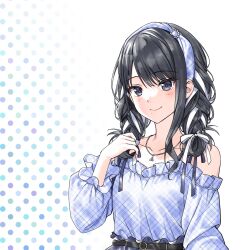 1girl adjusting_hair alternate_costume alternate_hairstyle arm_at_side bare_shoulders belt black_belt black_hair blue_hairband blue_shirt blush braid closed_mouth collarbone dot_nose hair_ribbon hairband hand_up highres idolmaster idolmaster_shiny_colors kazano_hiori korean_commentary long_hair long_sleeves mole mole_under_mouth nonanonnon6u6 polka_dot polka_dot_background purple_eyes ribbon sandals shirt sleeveless sleeveless_shirt smile solo swept_bangs twin_braids upper_body white_ribbon white_sandals