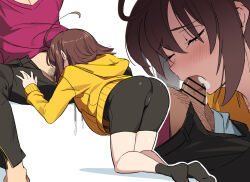 1boy 1girl ahoge bar_censor bike_shorts black_pants black_shorts blush brown_hair censored close-up cum cum_in_mouth ejaculation fellatio full_body hetero hood hoodie kneeling linne_(under_night_in-birth) medium_hair open_fly oral pants shorts simple_background sitting solo_focus touniyuu under_night_in-birth white_background yellow_hoodie