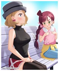 2girls bench blonde_hair blue_eyes blue_pants blush breast_envy breasts chloe_(pokemon) closed_mouth clothes_around_waist commentary creatures_(company) day earrings eyelashes flower game_freak gazing_eye green_eyes grey_hat hair_flower hair_ornament hand_on_lap hands_on_own_chest hands_up hat highres jewelry long_hair looking_at_breasts medium_hair multiple_girls nintendo outdoors pants pink_flower pleated_skirt pokemon pokemon_(anime) pokemon_journeys red_skirt serena_(pokemon) short_sleeves sitting skirt smile thighhighs vest
