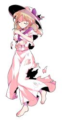 1girl barefoot blonde_hair bow closed_eyes closed_mouth commentary_request dairi dress full_body hat hat_bow highres large_variant_set long_hair louise_(touhou) neckerchief purple_bow purple_neckerchief short_sleeves solo standing sweatdrop torn_bow torn_clothes torn_dress torn_neckerchief touhou touhou_(pc-98) transparent_background v-shaped_eyebrows variant_set white_dress white_hat