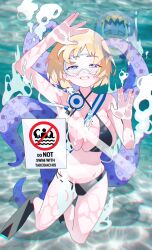 2girls absurdres against_glass air_bubble armpits bikini black_bikini black_footwear blonde_hair blue_eyes blush breasts bubble diving diving_mask diving_regulator diving_suit flippers front-tie_bikini_top front-tie_top goggles gurumie highres hololive hololive_english hose large_breasts looking_at_viewer mole mole_on_breast multiple_girls navel ninomae_ina&#039;nis purple_eyes purple_hair reflection scuba scuba_gear short_hair sign smile smug submerged swimming swimsuit teeth tentacles underwater virtual_youtuber warning_sign watson_amelia
