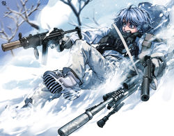 1girl absurdres blue_eyes blue_hair bolt_action boots braid bulletproof_vest camouflage camouflage_jacket camouflage_pants chtv_(tarreban) full_body glock gloves gun handgun highres holding holding_gun holding_weapon izayoi_sakuya jacket medium_hair military_combat_uniform military_uniform open_mouth pants pistol rifle scope side_braids sliding_doors sniper_rifle snow snow_camouflage soldier solo submachine_gun teeth touhou twin_braids upper_teeth_only weapon white_boots white_gloves winter winter_clothes