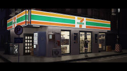 1girl 7-eleven an_yb black_border border convenience_store dark highres night original road_sign scenery shadow shop sidewalk sign solo window