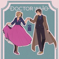 1boy 1girl ^_^ absurdres black_jacket black_necktie black_pants black_suit blonde_hair blue_jacket blue_shirt brown_coat brown_hair brown_shoes closed_eyes coat collared_shirt copyright_name doctor_who dress earrings fishnet_pantyhose fishnets formal_clothes full_body hairband high_heels highres holding_hands jacket jewelry necktie open_clothes open_coat open_mouth pants pantyhose partially_unzipped pink_dress pink_hairband pink_shoes pinstripe_jacket pinstripe_pants pinstripe_pattern pudding49500 rose_tyler shirt shirt_tucked_in shoelaces shoes short_hair skirt_hold smile sneakers standing suit suit_jacket tardis tenth_doctor_(doctor_who) the_doctor_(doctor_who) three-quarter_sleeves very_short_hair zipper