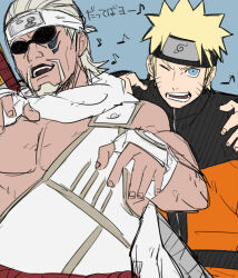 2boys ;d a_(naruto) blonde_hair blue_background blue_eyes dark-skinned_male dark_skin flak_jacket jacket kamosuke konohagakure_symbol male_focus multiple_boys naruto_(series) naruto_shippuuden ninja one_eye_closed open_mouth orange_jacket simple_background smile spiked_hair sunglasses sword uzumaki_naruto weapon weapon_on_back