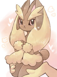 1girl :3 :t animal_nose black_eyes body_fur brown_fur closed_mouth colored_sclera female_focus furry furry_female gen_4_pokemon hands_up heart holding_own_ears long_ears looking_at_viewer lopunny nintendo own_hands_together pink_sclera pokemon pokemon_(creature) rabbit_ears rabbit_girl rabbit_tail short_tail sitting solo suzu_(pixiv_32232702) tail two-tone_fur wariza yellow_fur