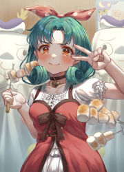 1girl 2others absurdres black_choker blurry blurry_foreground blush bow bowtie breasts brown_bow brown_bowtie brown_eyes choker collarbone commentary_request curly_hair dress food green_hair hair_ribbon hands_up highres idolmaster idolmaster_million_live! indoors looking_at_viewer marshmallow mascot_costume medium_breasts medium_hair multiple_others puffy_cheeks red_dress red_ribbon ribbon short_sleeves sweat tearing_up tokugawa_matsuri v v-shaped_eyebrows wari_sando wavy_mouth white_sleeves