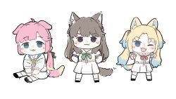 3girls :3 ;3 ;d ahoge animal_ears anyoji_hime ao_kaeru black_ribbon blonde_hair blue_dress blue_eyes blue_hair blunt_bangs brown_hair cat_ears cat_girl cat_tail chibi chibi_only closed_mouth commentary dog_ears dog_girl dog_tail double_v dress fang flower fujishima_megumi gradient_hair green_neckerchief gyaru_v hair_flower hair_ornament hair_ribbon hands_on_own_hips hasu_no_sora_school_uniform highres hood hooded_jacket jacket kemonomimi_mode light_blue_hair link!_like!_love_live! long_hair looking_at_viewer love_live! medium_dress mira-cra_park! multi-tied_hair multicolored_hair multiple_girls neckerchief one_eye_closed open_clothes open_jacket open_mouth osawa_rurino parted_bangs pink_flower pink_hair pleated_dress ponytail puffy_short_sleeves puffy_sleeves purple_eyes red_neckerchief ribbon sailor_collar sailor_dress school_uniform short_sleeves sidelocks simple_background sitting skin_fang smile standing summer_uniform swept_bangs tail tongue tongue_out twintails two_side_up v very_long_hair virtual_youtuber white_background white_jacket white_sailor_collar yellow_neckerchief