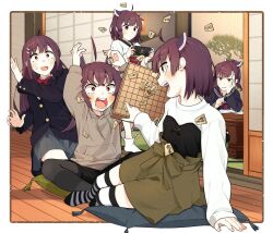Rule 34 | 5girls, absurdres, aged up, ahoge, alternate costume, alternate hair length, alternate hairstyle, angry, annoyed, arm support, asymmetrical bangs, black jacket, black pantyhose, black sailor collar, black serafuku, blade, blazer, blush, board game, border, bow, bowtie, brown hair, clone, collared shirt, cushion, elbow rest, green sash, green skirt, grey hoodie, grey skirt, hair ornament, hairclip, hand on own cheek, hand on own face, handheld game console, headgear, high-waist skirt, highres, holding, holding handheld game console, holding pen, hood, hoodie, indian style, indoors, jacket, japanese clothes, kimono, konori (ahurerukuiizi), laughing, long hair, multiple girls, neckerchief, nintendo switch, obi, obijime, open mouth, outside border, pantyhose, pen, pleated skirt, pointing, pointing at another, ponytail, ragequit, reclining, red bow, red bowtie, red eyes, red neckerchief, sailor collar, sash, school uniform, seiza, serafuku, shirt, shogi, shogi piece, short hair, short ponytail, short twintails, shouji, sitting, skirt, sliding doors, striped clothes, striped thighhighs, surprised, sweatdrop, table flip, tearing up, thighhighs, touhoku kiritan, twintails, v-shaped eyebrows, voiceroid, white border, white kimono, white shirt, wide-eyed, wooden floor, zabuton