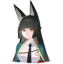 1girl animal_ears bajigurr black_hair black_necktie blunt_bangs bright_pupils collared_shirt cropped_torso fox_ears fox_girl highres hoshimi_miyabi long_hair looking_at_viewer necktie orange_eyes parted_lips shirt simple_background solo white_background white_pupils white_shirt zenless_zone_zero