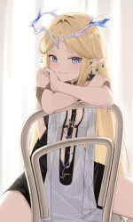 1girl absurdres bare_shoulders black_dress blonde_hair blue_eyes breasts cartethyia_(wuthering_waves) closed_mouth commentary crown_of_thorns dress earrings highres jewelry light_blush long_hair looking_at_viewer medium_breasts opm7760 parted_bangs pointy_ears sidelocks sitting sitting_backwards smile solo spread_legs tabard tacet_mark_(wuthering_waves) thighs very_long_hair white_tabard wuthering_waves