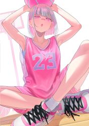 1girl 38_(sanjuuhachi) absurdres arms_up ball basketball_(object) basketball_uniform colored_inner_hair grey_hair highres multicolored_hair open_mouth original pink_eyes pink_shirt pink_shoes pink_shorts shirt shoes short_hair shorts sitting solo sportswear wariza white_background