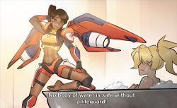 Rule 34 | 2girls, abs, alternate costume, arm behind head, armor, barefoot, bathing, bathtub, bikini, black hair, blonde hair, breasts, brown eyes, dark-skinned female, dark skin, english text, eye of horus, facial tattoo, hair tubes, i&#039;m not at the beach this is a bathtub (meme), knee pads, life vest, lifeguard, lifeguard pharah, mechanical wings, medium breasts, meme, mercy (overwatch), multiple girls, official alternate costume, overwatch, overwatch 1, partially submerged, pauldrons, pharah (overwatch), plantar flexion, ponytail, psuede, shoulder armor, sidelocks, soap bubbles, subtitled, sweatdrop, swimsuit, tankini, tattoo, teeth, thrusters, toned, upper teeth only, whistle, whistle around neck, wings, yuri