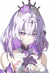 1girl bare_shoulders black_tiara breasts bug butterfly butterfly_on_hand castorice_(honkai:_star_rail) flower hair_flower hair_ornament hashtag-only_commentary highres honkai:_star_rail honkai_(series) insect long_hair medium_breasts pointy_ears purple_eyes purple_hair purple_hands rio_(rio773) solo tiara upper_body white_background