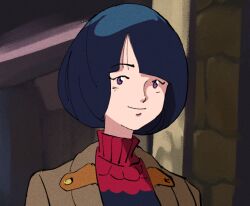 1970s_(style) 1980s_(style) black_hair cropped_torso gundam gundam_gquuuuuux kawoshiki light_smile medium_hair mobile_suit_gundam oldschool parody purple_eyes retro_artstyle shiiko_sugai style_parody sweater turtleneck turtleneck_sweater