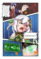 Rule 34 | 1boy, 2girls, absurdres, atawatsho, braid, comic, commentary, detached sleeves, english commentary, english text, genshin impact, green eyes, gundam, gundam unicorn, hair between eyes, hair ornament, highres, katheryne (genshin impact), long hair, multiple girls, nahida (genshin impact), nt-d, pointy ears, purple eyes, purple hair, scaramouche (genshin impact), short sleeves, side ponytail, sidelocks, single braid, speech bubble, white hair