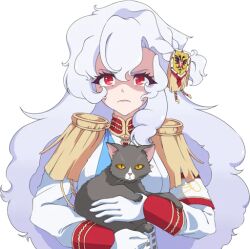 1girl aiguillette alpha_(alpha_1918) animal armband blue_sash buttons cat collar cross cross_pendant curly_hair epaulettes facing_viewer findoworld fluffy fluffy_hair frown gloves gold_buttons gold_trim hair_ornament holding holding_animal lips long_hair looking_at_viewer military military_uniform non-web_source official_art original red_eyes red_sleeve_cuffs russian_empire sash sleeve_cuffs solo sticker transparent transparent_background upper_body very_long_hair white_gloves white_hair