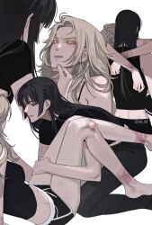2girls arms_around_neck black_camisole black_hair black_shirt black_shoes blonde_hair bruise bruise_on_arm bruise_on_leg bruise_on_wrist camisole dolphin_shorts eriol_s2 hand_on_another&#039;s_chin hand_on_another&#039;s_thigh highres injury long_hair looking_at_another multiple_girls original parted_lips red_eyes rope_marks shirt shoes shorts simple_background sleeveless sleeveless_shirt smile white_background yellow_eyes yuri